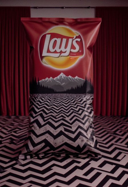 Lays Chip Bag, "TWIN PEAKS", coffee, in a room with red curtains, black and white chevron pattern floor, realistic, sharp, detailed, classic, artistic, perfection, contrast, cinematic, filmic, high quality photo, David Lynch style, Twin Peaks style, shallow depth of field, vignette, highly detailed, high budget, bokeh, cinemascope, moody, epic, gorgeous, film grain, grainy