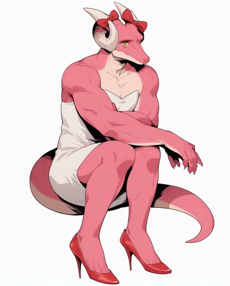 core_9, score_8_up, score_7_up, score_6_up, score_5_up, score_4_up,
(Masterpiece), (Best Quality), (Hi Res),
source_furry,
<1boy:1.5>,
<solo:1.5>,
<pink skin:1.5>,
<pink body:1.5>,
vincent_falnail, falchan, greyscale, 1boy, male focus, solo, yellow eyes, horns, furry male, furry, simple background, white background,form,
<dress:1.5>,<white dress:1.5>,<strapless dress:1.5>,crossdressing,lipstick,makeup,ribbon,head ornament,ribbon on horns,nostrils,dragon,
legs,sexy legs,muscular legs,heels,red heels,
<full body:1.5>,
<body focus:1.5>,
<simple background:1.5>,
<white  background:1.5>,
<lora:Vincent_Falnail:1> vincent_falnail <lora:90s4n1m3XLP:1> 90s4n1m3, sad,
sadness,
tears,
closed mouth,