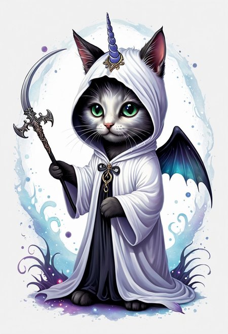 Let's craft a striking and unique t-shirt design featuring an eerie twist on a unicorn kitten dressed in a reaper costume, all set against a crisp white background. Picture a small, adorable kitten with a unicorn horn protruding from its forehead, its eyes glowing with an otherworldly light. The kitten is clad in a dark, flowing reaper robe, complete with a hood that casts shadows over its face, adding a mysterious and haunting vibe to the design. Delicate, ethereal wings sprout from its back, shimmering with a ghostly iridescence. The kitten holds a tiny scythe in its paw, the blade gleaming ominously against the white fabric of the robe. Behind the creature, a soft, ethereal mist swirls, hinting at a realm beyond the mundane. This juxtaposition of cute and eerie elements creates a captivating visual contrast that is sure to intrigue and captivate onlookers when printed on a white t-shirt.