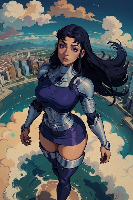 (masterpiece,best quality,absurdres,beautiful,aesthetic,detailed),from above,fisheye lens,floating in midair,modern city,1girl,blackfire,long hair, vambraces, armored, thigh boots,thick thighs  <lora:DC_Blackfire-DEF:0.8>
