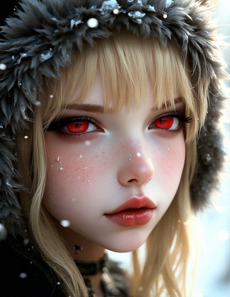 A stunning doll like face close-up of a young blonde woman,doll like gothic fashion , with bright red eyes, moist pink lips, fangs, wearing a fluffy animal ear hood, wearing beautiful necklace, soft lighting, realistic and delicate facial features, fallen snowpetal,  photorealistic rendering. Natural light interplay on skin,Photorealistic shadow softness, Lifelike hair gloss , Photorealistic color grading, Slight side profile with eyes looking directly at the camera, lips pursed.



