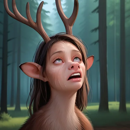 <lora:Pony - Liminalbean Style:1> l1minalbean, byl1minalbean, 1girl, solo, face focus, portrait, transformation, looking up, deer, antlers, snout growth, forest, detailed background,