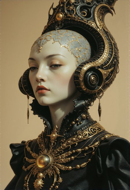 A regal, futuristic portrait of a serene female figure with a pale, porcelain-like face and delicate features, exuding an air of mystery and grace. Her head is adorned with an intricately designed, ornate headdress made of black and gold filigree, resembling a fusion of baroque artistry and advanced technology. The headdress curves elegantly around her head, with subtle details of cosmic symbols and golden patterns etched into its surface, glowing faintly as if imbued with mystical energy. Her downcast gaze and long, dark lashes lend a meditative and introspective aura to her demeanor, while a single golden ornament dangles delicately from her cheek, accentuating her otherworldly beauty.  Her clothing is equally detailed, featuring a high-collared black garment with textures resembling a mix of leather and fine silk, embellished with golden embroidery that flows organically like veins of liquid gold. A prominent, glowing pendant rests at her chest, encased in a complex, mechanical design that hints at a balance between ancient elegance and futuristic functionality. The background is minimalist, a soft gradient of warm beige tones that draws all focus to her striking presence. The composition captures a perfect blend of high fashion, timeless elegance, and advanced sci-fi aesthetics. <lora:frazetta_flux_v2-000150.safetensors:0.4>, <lora:Flux_-_Renaissance_art_style.safetensors:0.4>, <lora:flux.1_lora_flyway_Epic-Characters_v1.safetensors:0.3>, <lora:Warhammer_Rogue_Trader_Style_flux-000021.safetensors:0.5>, <lora:Elden_Ring_-_Yoshitaka_Amano.safetensors:0.5>, <lora:Movie_Portrait.safetensors:0.5>,  <lora:- Flux1 - soothing_atmo_V2.0.safetensors:0.2>,  <lora:lith_mimosa_kiel_grw134_FLUX.safetensors:0.4>,