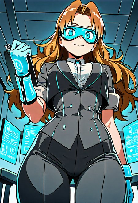 masterpiece, best quality, solo, curvy, beautiful eyes, narrow waist, wide hips, 1girl, solo, smile, looking at viewer, dynamic angle, foreshortening, close up,    zzMolly, molly hale, blue eyes, brown hair, parted bangs, long hair,   ,<lora:MollyHalePokemonIXL:1.0>, [Physicist with Particle Accelerator], fitted black suit with white button-up shirt underneath, wearing safety gloves, goggles, and a wrist device with digital readouts, standing next to a futuristic particle accelerator, clipboard in hand with detailed equations, lab filled with high-tech machines and glowing screens,