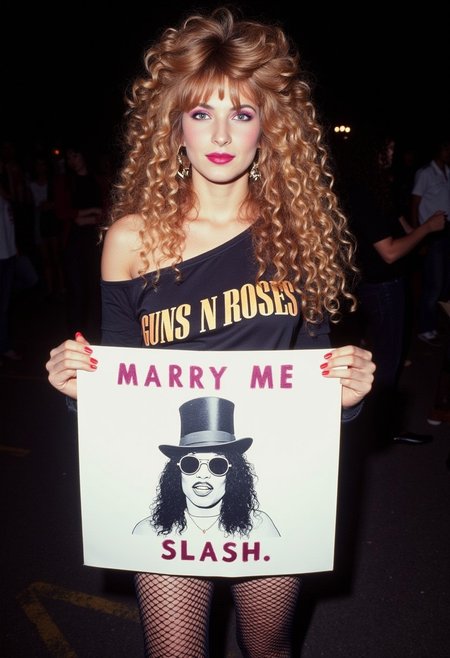 A wide shot night time photograph of an 80s chick at a rock concert with long wild 80s rock hair, voluminous pouffy blonde Sp1ralcurls, teased bangs big hair, wearing a DIY off one shoulder Guns n Roses band tee with ripped jeans and fishnets underneath them. Big hoop earrings,  Hot pink eyeshadow, thick eyebrows,  vibrant blush in an angular swipe along the hollows of the cheeks to the temple, bright fuchsia metallic lipstick, Holding a white poster board up that reads "MARRY ME SLASH" and has a drawing of Slash from guns and roses with a top hat and round sunglasses, low key lighting, film grain