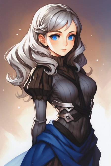 vani-ods, score_9, score_8_up, score_7_up, 1girl, pupils sparkling, light grey hair, swept bangs, wavy hair, medium breasts, blue eyes, dark grey clothes, arm behind back, <lora:Vanillaware_all_in_one_PonyXL_style_v01:1>