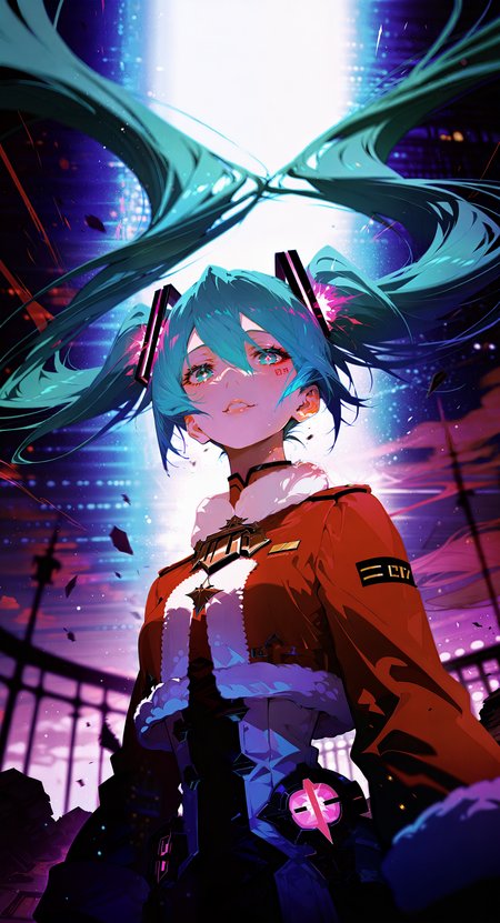 masterpiece, best quality, amazing quality, very aesthetic, absurdres, highres, newest, artwork by (nid417:0.5) , (ruoganzhao:0.5) and (mika pikazo:0.5),
1girl, hatsune miku, solo, beautiful detailed face and eyes, beautiful detailed long hair, Hatsune Miku in a vibrant Santa-inspired outfit, styled with bold pop art patterns and futuristic design elements. She poses playfully on a sleek rooftop surrounded by colorful skyscrapers and giant digital Christmas projections.Her outfit features oversized bows, a candy cane-inspired design, and holographic details. Her boots have glowing soles, and her signature twin-tails are styled with Christmas ornaments and LED lights. The scene bursts with dynamic colors and cheerful energy, evoking a modern anime and pop art fusion. Costume designed by Kate Spade.
break
high-fashion attitude pose, Captured in Motion, focused intensity, (three quarter view:0.2), (from below:0.2), (dutch angle:0), upper body, detailed shot, wind effect, floating long long hair, looking at viewer, dust and debris in motion,
break
The illustration combines the meticulous detail of professional anime cel shading with cinematic depth, creating a scene both vivid and emotionally resonant. The scene captures the essence of a futuristic holiday, with vibrant colors, sharp contrasts, and a modern anime art style. high contrast, Professional fashion editorial feel, futuristic, elegance, ethereal, highly detailed, ultra detailed, insanely detailed, fine texture, crisp detail, crisp edges, cinematic haze for a delicate yet detailed effect, Rembrandt lighting with soft shadows, subtle haze surrounding the model, depth of field, bokeh, <lora:748cmSDXL:0.5>, <lora:GBF_Illustrious:0.6>, <lora:illustrious_all_rated_v1:0.7>, <lora:ponyv5_noobV065S_1_adamW:0.7>, <lora:MeMaXL4:0.7>, <lora:Hair_floating_up:0.7>, <lora:noobai_epred_11_artists_v11:0.5>,
