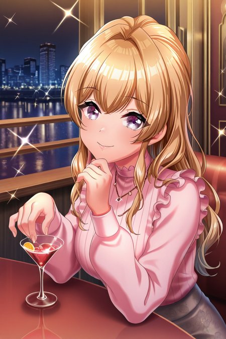 masterpiece, best quality, amazing quality,
 <lora:Kase_IL:1> kase, 1girl, solo, purple eyes, smile, necklace, drinking glass, long hair, cup, looking at viewer, jewelry, blonde hair, holding, sparkle, hair intakes, pink shirt, table, city lights, shirt, night, bangs, glint, indoors, sitting, long sleeves, cocktail glass, cslsk