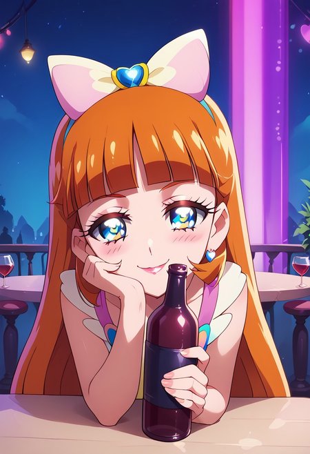 Expressiveh, score_9, score_8_up, score_7_up, score_6_up, score_5_up, score_4_up, godrays, 1girl, pose, smile, looking at viewer, hotel bar, neon, color lights, dim, night, (bent over table), face focus, sexy, ((holding a bottle of wine)), drunk, (glittering pastel clothing, glossy sparkling fabric)  makeup, long eyelashes, glossy lipstick, (soft blush), eyeshadow, hand on the cheek
(((cure nyammy, wonderful precure!))),