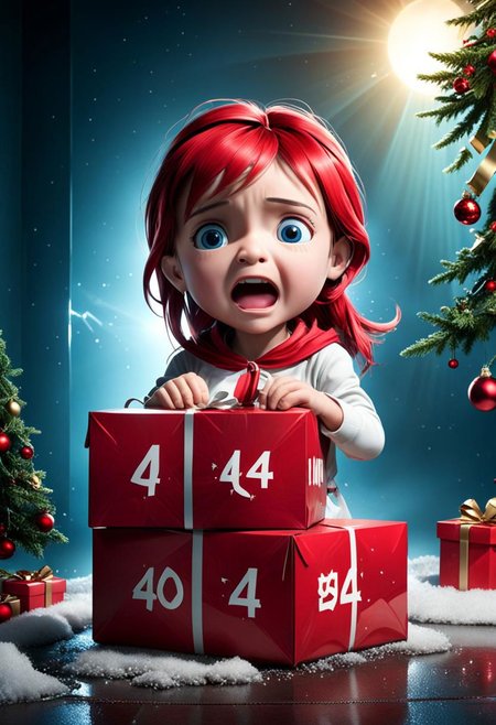 (("404" text logo:3) in large prominent font, centered in a box held by crying child), child holding box with text while crying, red 3d lettering, "404" glowing, ominous flashing light, shadows, ray traced, Christmas tree background  dof
