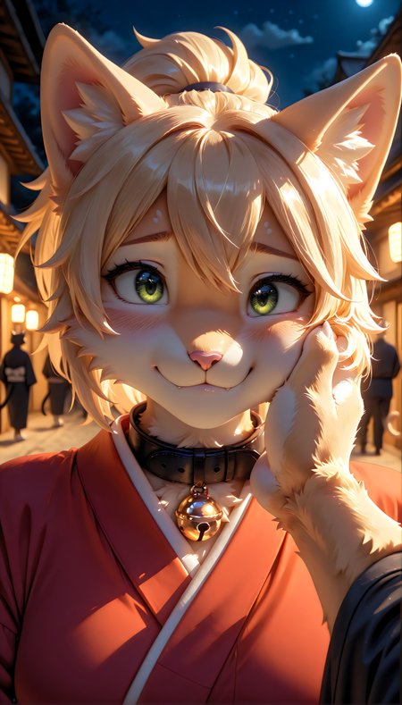 masterpiece, best quality, amazing quality, very aesthetic, high resolution, ultra-detailed, absurdres, newest, scenery, furry, anthro, {Prompt}, BREAK, detailed background, detailed hair, depth of field, detailed fluffy fur, photorealistic details, night time,HDeyes,

BREAK

Page,1girl,solo,furry female,cat girl,blonde hair,ponytail,cat ears,animal ear fluff,green eyes,animal nose,collar,neck bell,body fur,cat tail,

BREAK
male furry, 
Red Kimono,night, shy smile, night, people blurred out, looking at veiwer, head shot, veiwed from front, close up, (focus face:1.3),(((cheek rub:1.2))), lean into hand