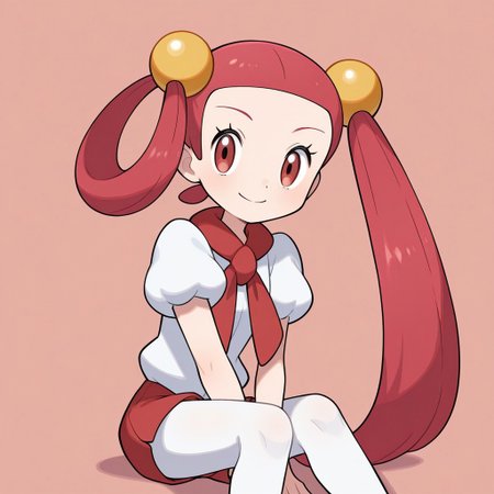 1girl, solo, mira (pokemon), smile, very long hair, pink hair, red hair, hair rings, twintails, hair beads, asymmetrical hair, tied hair, red eyes, red scarf, white shirt, puffy short sleeves, red shorts, short shorts, white pantyhose, legwear under shorts, sitting, arms between legs