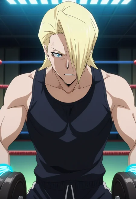 masterpiece, best quality, , anime screencap, anime coloring, official style, , 1boy, solo, male focus, <lora:izuru_kira_ilxl:0.92>, izuru_kira, blonde hair, blue eyes, short hair, hair over one eye, , boxing gym, heavy bags, glowing ropes, clanging weights, training pose, intense expression, gritty lighting, ,