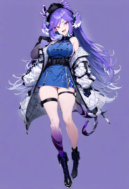 masterpiece, best quality, ultra-detailed, beautiful, nai3, 1girl, solo, full_body, tachi-e, 
selen tatsuki, boots, dress, tail, dragon tail, hat, blue dress, official alternate costume, dragon girl, sleeveless, ponytail, belt, smile, gloves, long hair, breasts, open mouth, very long hair, thigh strap, simple background, hair ornament, jacket, bangs, hairclip, fang, wings, black footwear, looking at viewer, black belt, pointy ears,