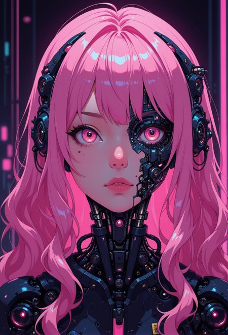 <lora:ck-nc-cyberpunk-IL-000011:1>,  masterpiece, best quality, good quality, very aesthetic, absurdres, newest, 8K, depth of field, focused subject, 1girl, stunning close-up portrait, long hair, wavy hair cascading around her face. Subtle mechanical features are integrated into her face and neck, blending seamlessly with her natural beauty. The artwork is rendered in a chiaroscuro style, with extreme contrast between light and shadow, creating a dramatic, moody effect. The background is completely black, with neon pink light illuminating select areas of her face, hair, and mechanical elements, adding a futuristic glow. The contrast of neon pink and black enhances the surreal atmosphere, blending organic beauty with mechanical details for a striking cybernetic aesthetic, in the style of cknc
<lora:MoriiMee_Gothic_Niji_Style_Illustrious_r1:0.3>