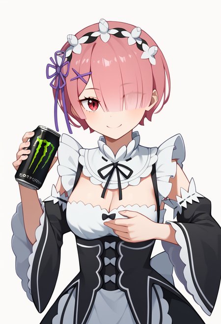 score_9,score_8_up,score_7_up,<lora:ram_pony:1>,hashtag-only_commentary,smile,hair_over_one_eye,black_ribbon,soda_can,frilled_sleeves,breasts,solo,drink_can,detached_collar,ram_\(re:zero\),maid_headdress,white_background,monster_energy,roswaal_mansion_maid_uniform,wide_sleeves,black_dress,simple_background,hands_up,highres,purple_ribbon,holding_can,1girl,
