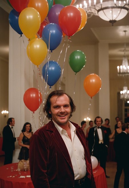 Shin1ng, Jack Torrance, man, creepy evil smile, ballroom, party, people, balloons, Overlook Hotel, indoors, (stylish grainy 35mm analog film photo)