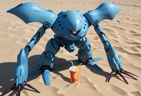 score_9, score_8_up, score_7_up, source_anime, front view, BREAK, ( hygogg, blue_hygogg_armor, pink monoeye, looking at viewer, leaning forward, long arms, very long arms, long claws) 1mech, wide mech, large shoulders, large shoulder armor, mech focus, solo, BREAK, on beach, claw holding mixed drink,