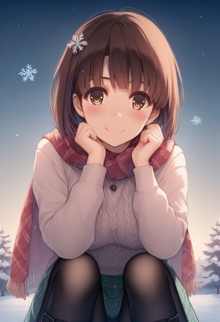 score_9, score_8_up, score_8, score_7_up, score_7, source_anime,
1girl, katou megumi, Megumi <lora:KatoMegumi:1>,brown hair,katou megumi,brown eyes, short hair , medium breasts,  masterpiece, best quality, winter theme, snowy background, cozy knitted sweater (cream), plaid scarf (red and green), long wool skirt (navy), black tights, snow boots, light blush on cheeks, snowflakes in hair, snow-covered pine trees in the background, soft and diffused lighting, slight smile, warm and cozy atmosphere, over-the-shoulder perspective, muted pastel color palette, cinematic framing, fine details, looking at viewer
