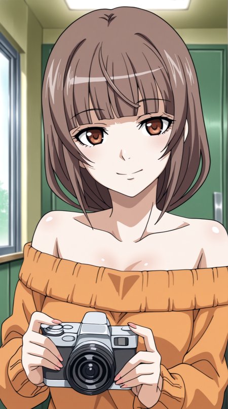 masterpiece, best quality, amazing quality, very aesthetic,  absurdres, best quality, 4k, upscale, indoors,   emiru, 1girl, solo, brown hair, brown eyes, sweater, bare shoulders, camera, off shoulder, short hair, smile, orange shirt, looking at viewer  <lora:Emiru_Ikuno_IL:0.8>