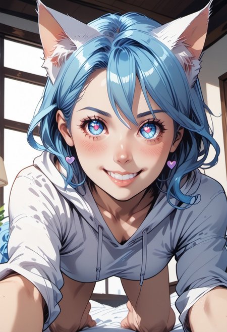 score_9, score_8_up, score_8, commix style, 1girl, Catgirl, slimes_aizome, solo, blue hair, white cat ears, white cat tail, heart eyes, oversized hoodie, on bed, all fours, leaning forward, face focus, highly detailed, dynamic angles, dynamic pose, very amazed, smile, big eyes, Expressiveh, vivid colors, looking at viewer, low angle, view from below
