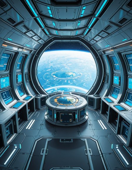 The interior of a massive orbital space station, high above a blue and green Earth-like planet. The setting is a panoramic observation deck with towering reinforced windows that curve around the structure, offering a breathtaking view of the planet below and the star-filled void beyond. The stationâs architecture is sleek and functional, blending advanced human technology with subtle design flourishes â brushed metal walls, glowing interface panels, and clean geometric lines.
Soft white lighting lines the floor and ceiling panels, while ambient blue lights provide a calming atmosphere. Transparent digital displays float in the air, projecting live telemetry, spacecraft traffic, and real-time planetary data in holographic form. In the center of the room, a circular command table displays a rotating 3D projection of the planet and orbital routes.
In the background, the low hum of life support systems and distant radio chatter add to the immersive realism. Cables and utility panels are subtly integrated into the environment, and security doors lead to other compartments of the station. The entire space feels controlled, precise, and filled with purpose â a hub of advanced civilization silently orbiting in the cold beauty of space.<lora:SDXLFaeTastic2400:0.4> <lora:extremely_detailed:0.4> extremely detailed,space station c0ntr0l c3nt3r, <lora:space_station_c0ntr0l_c3nt3r-i:1>, Masterpiece,best quality,hi res,8k,hi res,8k,award winning,(sharp focus, intricate, highly detailed),