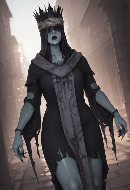 masterpiece, best quality, good quality, newest, highres, absurdres, Good quality, very aesthetic, absurdres, newest,1girl, light rays, looking at viewer, solo,Cinematic lighting,  BREAK masterpiece, amazing quality, best quality, ultra-detailed, 8K, illustration, CG, ultra-detailed-eyes, detailed background, eyelashes, erotic, looking seductive,  dynamic action image, detailed face, detailed eyes, seductive, mature female,, looking at viewer,
 BREAK (sexy, slutty, hot, aroused)  BREAK , outdoors, afternoon, 1girl, solo bokeh, Le8d1a, colored skin, grey skin, covered eyes, black lips, sharp fingernails, crown, hooded robe, hood up, black hood, black robe, torn clothes, grey long scarf
BREAK  (dramatic angle, dynamic angle:2), artist:moriimee, fellatrix style , baddie, nakamura-regura, cannedmos, 69yottea_style_illu,