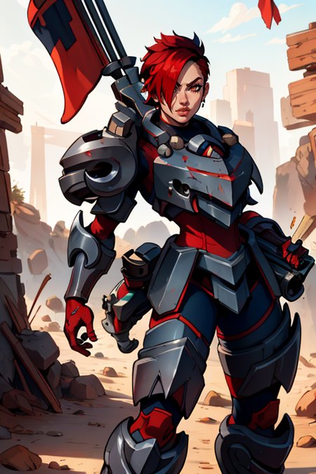 masterpiece,best quality,extreme detail,8k,image sharpness,<lora:ash:0.8>, ash2,1girl,solo,short hair,weapon,red hair,armor,hair over one eye,two-tone hair,lips,gun,scar,pauldrons,greaves,huge weapon,power armor,