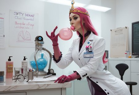 score_9, score_8_and_up, clockwork dilso, b0bbl3g0m, weird illustration, fairy woman, sbfte, slutty cleavage princess, slave crown, sexy pink monstergirl, hourglass figure, long neck, thicc thighs, lab coat, large bubblegum breasts