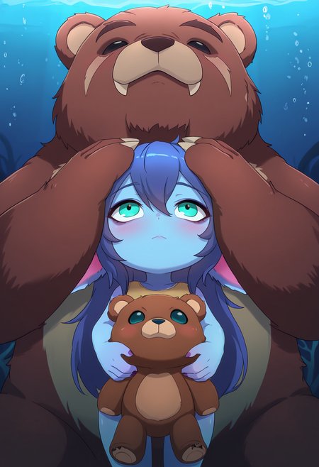 masterpiece,best quality,good quality,newest, absurdres,Kamuoo,tibbers,league of legends,yordle,bear,teddy bear,stuffed animal,stuffed toy,green eyes,facial hair,Hands on either side of head looking up,Underwater Tracking Shot,  <segment:yolo-AnzhcFace-seg_640_v3_y11n.pt-1,0.4,1//cid=11>,<segment:yolo-PitHandDetailer-v1b-seg.pt,0.4,0.5//cid=12>