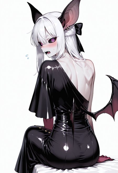 male focus, solo,
1femboy, small eyes, black sclera, purple eyes, without pupils, color skin, grey skin, bat ears, bat wings, claws, fangs, long hair, white hair, skinny, 
blush,  looking back, from behind, sitting, white background, hair bow, bow, crossdressing, looking at viewer, 
<lora:oneshouldersatindressIL:1>, oneshouldersatindress, satin dress, long dress, one shoulder dress, 
masterpiece,best quality,amazing quality,   <lora:gogalkingIL-style:0.8>