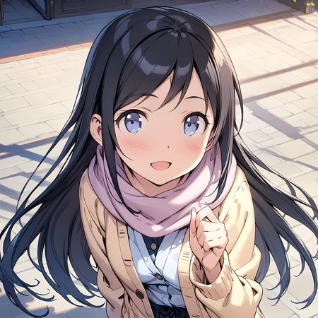 (masterpiece),(best quality),(ultra-detailed),(best illustration),(best shadow),(absurdres),(detailed background),(very aesthetic), ayase aragaki, 1girl, solo, long hair, black hair, scarf, open mouth, blue eyes, blush, smile, cardigan <lora:Ayase_Aragaki_-_Oreimo:1>