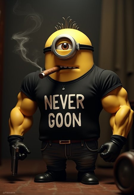 An extremely muscular minion, wearing a black shirt that says "NEVER GOON", smoking a cigar, holding a gun,
Basement apartment setting, dimly lit, 
Masterpiece, 4k, 8k, highly detailed, looking at viewer,
despicable me, one eye, anthropomorphic, bulging muscles,