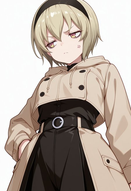 Smooth Quality,masterpiece,very intricate, high quality details, ultra realistic, high detailed skin,detailed enviorement,absurdres,
akanbe,
 <lora:Pekora_CNR:0.8> pekora_cnr, 1girl, blonde hair, short hair, bangs, yellow eyes, multicolored eyes, shiny hair black hairband,bags under eyes,, annoyed,, simple background, white background, from below,solo,, cropped hoodie,  ,trench coat, ,godet skirt,  ,