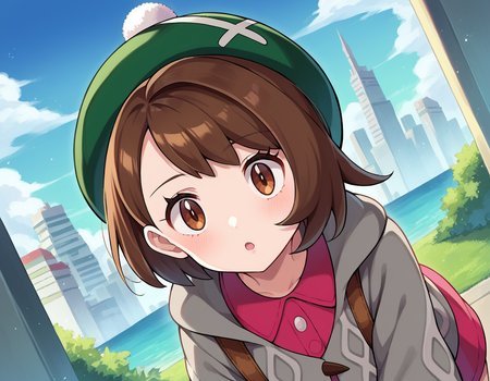 score_9, score_8_up, score_7_up, source_anime,
pokemongloria, <lora:pokemon-gloria-ponyxl-lora-nochekaiser:1>
pokemongloria, brown eyes, brown hair, medium hair,
cardigan, dress, green headwear, grey cardigan, hood, hood down, hooded cardigan, long sleeves, pink dress, short dress,
outdoors, cityscape, bent over,
looking at viewer, cowboy shot, dutch angle,