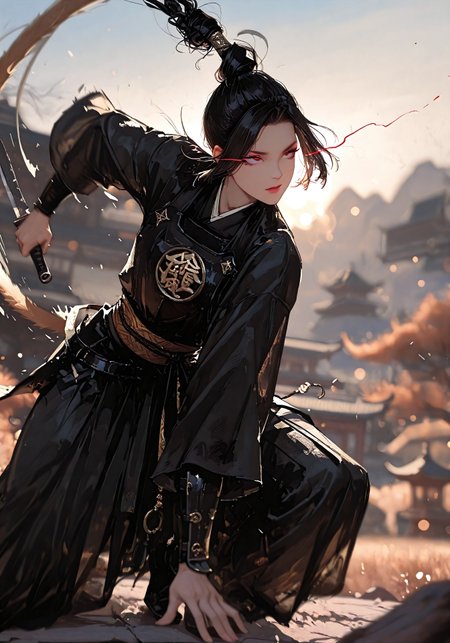 masterpiece, best quality, good quality, very aesthetic, absurdres, newest, 8K, depth of field, focused subject, visual storytelling, dynamic composition,
stylized, scenery, bokeh, blurred background, 
Black Myth Wukong, Wukong hairstyle,
chinese mythology, (dynamic pose:1.3), eye-trails, fighting-stance, eye trail, zone-eyes, high speed motion, intense action shot, curved black knife, (carvings on the knife)
upper body focus,
storm aura, divine energy, long flowing sash, ancient armor, windblown hair, dramatic sky, celestial clouds, mythic scale, sakura petals, cinematic composition, backlighting, volumetric light, storytelling scene, symbolic environment, god-tier illustration,(sketch:1.3), in the style of cksc, detailed hand grip on knife