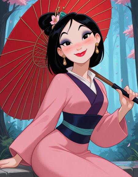 masterpiece, best quality, amazing quality, very aesthetic, absurdres,  newest, detailed background, cowboy shot, 4k, 8k, forest, cherry blossom,
mulanxd, 1girl, solo, umbrella, black hair, japanese clothes, oil-paper umbrella, kimono, jewelry, earrings, sitting, black eyes, makeup, lipstick, blush, hair ornament, smile, looking at viewer, 
 <lora:Mulan_-_Disney_Illustrious:1>