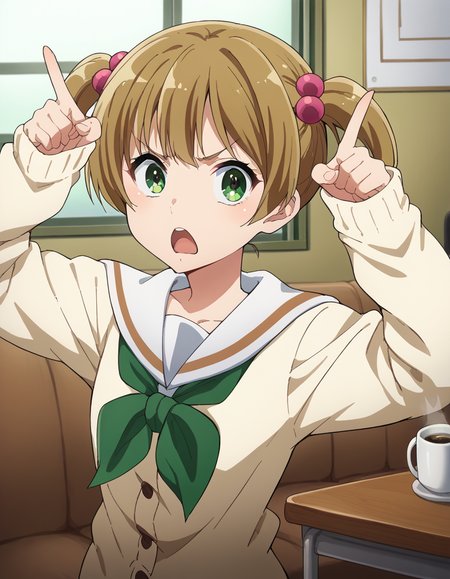 score_9, score_8_up, score_7_up, source_anime, <lora:satsuki-suzuki-s3-ponyxl-lora-nochekaiser:1>, satsuki suzuki, short hair, bangs, brown hair, hair ornament, twintails, green eyes, light brown hair, hair bobbles,, long sleeves, school uniform, serafuku, sailor collar, neckerchief, sleeves past wrists, cardigan, white sailor collar, kitauji high school uniform, green neckerchief, skirt, pleated skirt, brown skirt,, living room, sofa, TV, coffee table, decor, , <lora:horns-pose-ponyxl-lora-nochekaiser:1>, horns pose, index fingers raised, angry, steam, open mouth, shouting, anger vein,, looking at viewer, solo,, dutch angle, cowboy shot