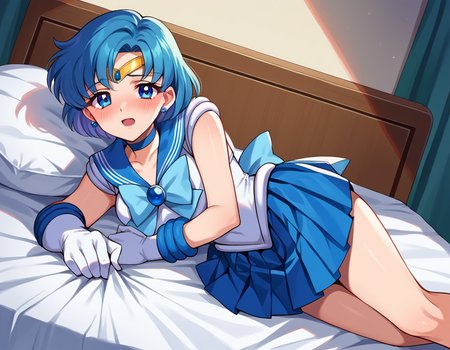 score_9, score_8_up, score_7_up, source_anime,
sailormercury, <lora:sailor-mercury-ponyxl-lora-nochekaiser:1>
sailor mercury, blue eyes, blue hair, short hair, parted bangs,
back bow, blue bow, blue choker, blue sailor collar, blue skirt, bow, choker, earrings, gloves, jewelry, magical girl, miniskirt, pleated skirt, sailor collar, sailor senshi uniform, skirt, stud earrings, tiara, sleeveless,
indoors, bed, bed room, on side, blush, drunk,
looking at viewer, cowboy shot, dutch angle,