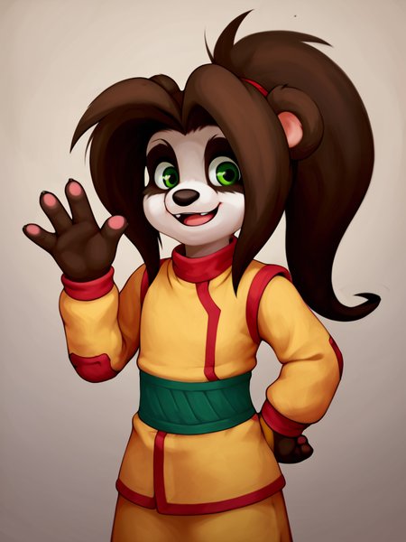 score_7, score_7_up,  score_9, score_ 9_up, BREAK, <lora:Li_Li_Stormstoutfinal:0.8> li li stormsout, solo, panda girl, pandaren,  green eyes, portrait, smile, frontal view, waving hand,