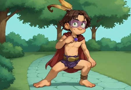 score_9, score_8_up, score_7_up, score_6_up, score_5_up, sorce_cartoon, source_hq,TakJuju, Male, Short stature, big green expressive eyes, medium brown hair in a short, somewhat messy style, pronounced nose, Minimalist outfit, purple loincloth, brown belt, bare chest, Large feather attached to hair, tribal-style face paint around the eyes,CuteCartoonStyle, full body, full body shot,red cape, park, sitted, open legs, from bellow, feet focus, from behind, back view