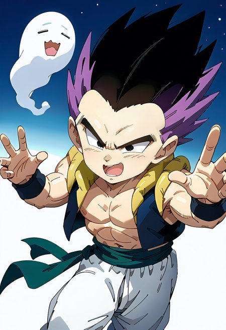 (score_9:0.9),score_8_up,score_7_up,rating_safe,unaestheticXL_3x3,anime style,(zPDXL), <lora:checkpoint-e62_s930:1>, 1boy, gotenks, multicolored hair, black hair, purple hair, black eyes, male focus, muscle body, muscular male, muscular, v-shaped eyebrows, v-shaped eyes, spiked hair, no bangs,  cropped vest, open vest, metamoran vest, midriff,  black bracer, green sash, white pants, baggy pants, upper body, leaning forward, smile, open mouth, hands down, outstretched arms, clenched hands,lookin away, fighting stance, white floor, starry sky, dutch angle, <lora:sdxlpony_ghost blowing:1>, ghost_blowing,
