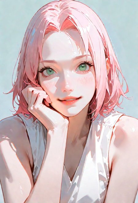 1girl,haruno_sakura,naruto_(series),"haruno sakura, naruto \(series\)","1girl, green eyes, pink hair, short hair. beautiful, detailed eyes, \(hairstyle\), young, blue eyes, white top, muted colors, {{beautiful detailed face}}, semi-realistic, {{aesthetic}}, {{{best quality}}}, stunning, perfect body, soft features, looking at viewer, {playful|smirking} \(expression\), upper body, leaning, hand on face
