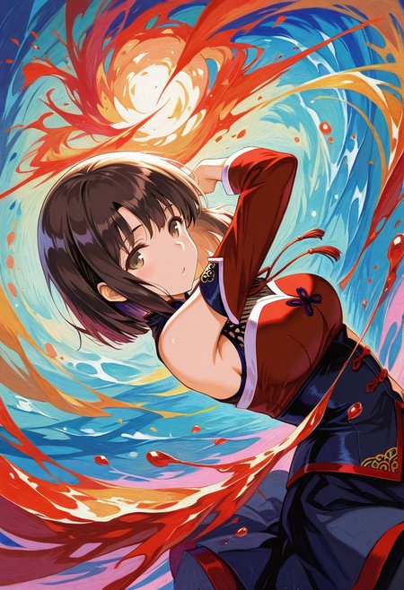 1girl,Megumi <lora:KatoMegumi:1>,brown hair,katou megumi,brown eyes, medium breasts, short hair , masterpiece, best quality, amazing quality, very aesthetic, absurdres,  newest,
ahri, dynamic pose, dynamic angle, modern art, (abstract art:1.3), abstract background, (oil painting:1.3), (impasto:1.3), splatter art, paint splatter, magic, traditional media, faux traditional media,
masterpiece, best quality, amazing quality, very aesthetic, absurdres,  newest,