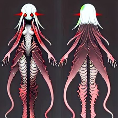 horror, blood, alien female, body horror, body modification , tentacles hair monster, monster girl,horror \(alien\), extra eyes, glowing,darkness, small boobs, thighs, red eyes, bigbadejo alien_monster, simple background, chara-sheet, model sheet