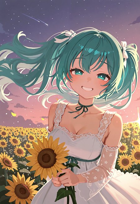 score_9,score 8 up , 1gir , solo , hatsune miku , blue hair , green hair , colored inner hair ,  aqua eyes , white pupils , eyelashes , smile , grin , look up , looking at viewer , upper body , blush , cool , cute , from above , detached sleeves , floral print sleeves , white dress , jewelry , necklace , print dress , ribbon , sleeves , ribbon choker ,    Break dutch angle , floating hair , warm sunlight , relaxed atmosphere , light particles , intimate moment , tender interaction , carefree atmosphere , natural expressions , light particles , light rays , sparkle , medium breasts , flowing hair , wind-blown hair, hair strands , upper body , shy affection , emotional atmosphere , wind-blown romance ,  ;) ,  shooting star ,  holding flower,  sunflower , flower field , warm atmosphere , too many flowers , outdoors , petals , familiar , sparkle , diffraction spikes, cumulonimbus cloud, vanishing point ,  perspective ,    backlighting , blue background , pink background , violet background , gradient sky , cloud , scenery , gradient background , sunset ,            masterpiece, best quality, amazing quality, very awa, absurdres,anatomically correct, HDR , 8K , superabsurd res, high resolution, ultra-detailed , absurdres, newest , detailed background , detailed clothing, detailed hair, detailed shading  , dramatic lighting , uncensor ,     (nozora_yuzu:0.8),(wass_nonnam:0.6),(krekkov:0.8),  <lora:spo_sdxl_10ep_4k-data_lora_webui:1.0> <lora:NOOB_vp1_detailer_by_volnovik_v1:1.0>   <lora:illustrious_flat_color_v2:0.90>  <lora:g00se_v2_ill:0.70>  <lora:IllusN3g:1.0>  <lora:IllusP0s:1.0>
