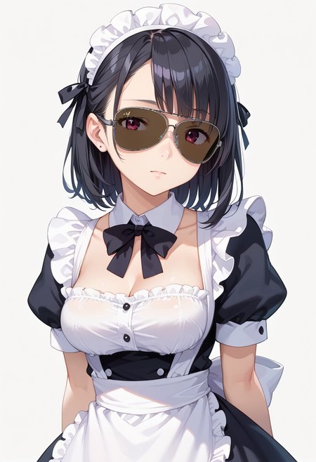 score_9, score_8_up, score_7_up, rating_safe, masterpiece, best quality, absurdres, unity 8k wallpaper, official art, official style, source_anime, uncensored, game cg, megami magazine,
1girl, solo, black hair, medium hair, upper body, maid, maid headdress, black dress, maid apron,
sg-AVIATOR, sunglasses, dark-tinted eyewear, covered eyes, white background, simple background, grey-framed eyewear
 <lora:glasses_aviator_PONY_V2:1>