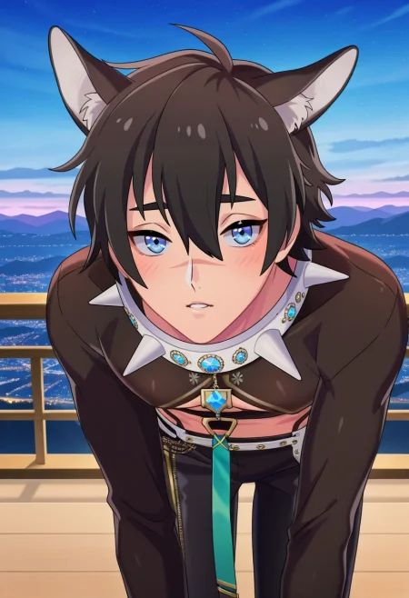 masterpiece, best quality, intricate details, anime screencap, , official style, , , 1boy, solo, male focus, <lora:garu_nu_carnival_ilxl:0.98>, garu_nu_carnival, black hair, blue eyes, short hair, animal ears, scar, hair between eyes, spiked collar, , panorama, mountaintop city, midnight, leaning forward, relaxed,