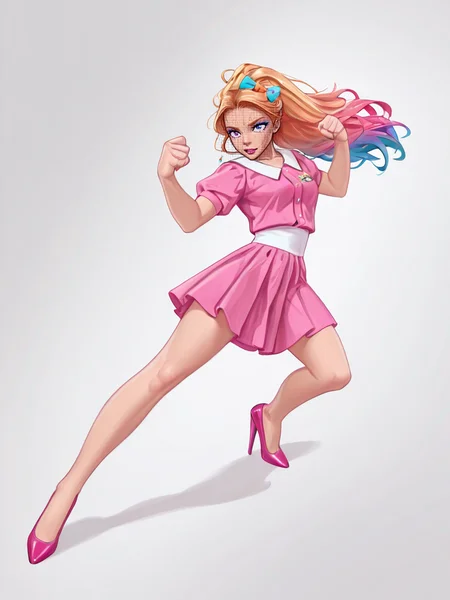 fighting game style <lora:Rino99Quiron_Style_ilus:1> ,  Rino99Quiron, 1girl, (barbie doll:1.2), (model with long legs:1.3), (slim figure, slender figure, slim waist), (vibrant, colorful makeup), (elegant hairstyling, beautiful long hair), (fashionable outfit), (posed confidently, striking pose), (detailed features, high detail), (realistic proportions), (sharp focus, clear image), (high-quality photography), (perfect lighting, ideal lighting), (vivid colors, vibrant colors), (eye-catching, attention-grabbing),, A very humid place full of puddles and leaks,  from above,  , dynamic pose,  , 
 . dynamic, vibrant, action-packed, detailed character design, reminiscent of fighting video games