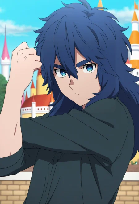 masterpiece, best quality, , anime screencap, anime coloring, official style, looking at viewer, 1boy, solo, male focus, <lora:yui_kemono_jihen_ilxl:0.94>, yui_kemono_jihen, blue hair, blue eyes, long hair, hair between eyes, bangs, thick eyebrows, , focused, disneyland, day, sunny, stretching, relaxed,